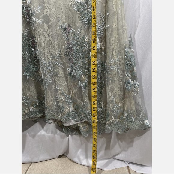 NEW $698 Mac‎ Duggal [ 20 ] Sleeve Flutter Floral Embellished Gown Seafoam - Picture 7 of 15